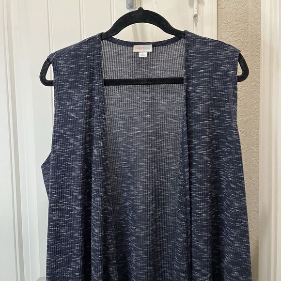 Lularoe Joy Vest Open Duster Size L Navy Blue Gray Side Slits Boho Sleeveless - Picture 2 of 10